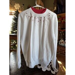 VINTAGE Sunburst Women's WHITE RED HEARTS CREWNECK Sweatshirt Bling  LARGE
